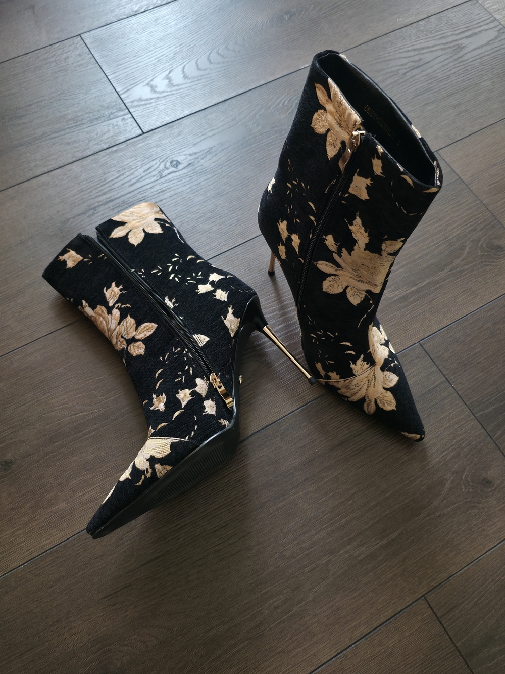 AKIRA Black and Gold Floral Pointed‎ Toe Stiletto Ankle Boots